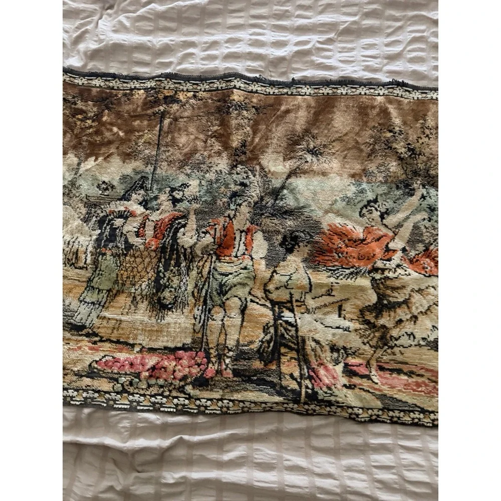 Vintage Victorian European Tapestry 14x42, tassles, street party scene